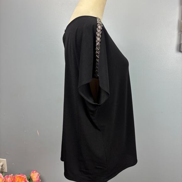 Dana Buchman Dolman Sleeve Black Short Sleeve Blouse Top Embellished Shoulder XL - Picture 2 of 7